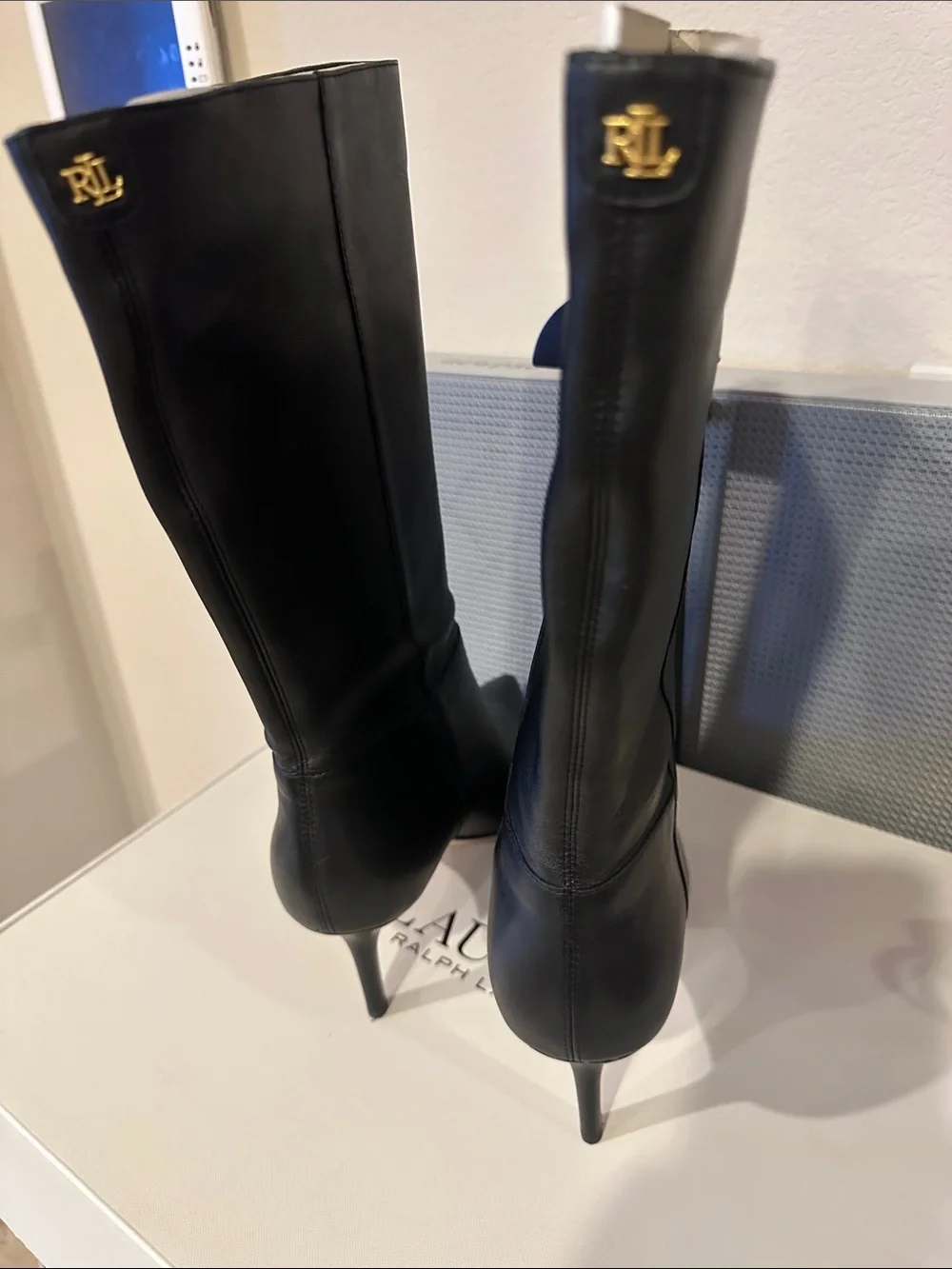 Lauren Ralph Lauren Black Pointed-Toe Leather Mid-Calf Boots - Picture 2 of 3